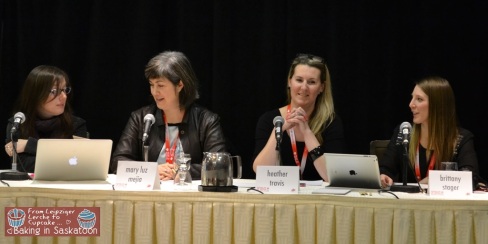 From left to right, Mardi Michels, Mary Luz Mejia, Heather Travis, and Brittany Stager talking about Food bloggers and brands relationship