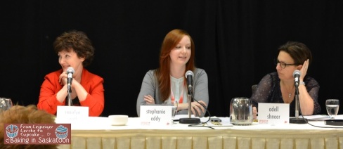 From left to right: Mairlyn Smith, Stephanie Eddy, and Adell Shneer speaking about how to develop recipes for your blog.